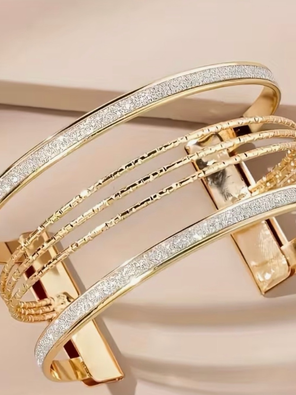 Gold and Silver Textured Multi-Row Cuff Bracelet by